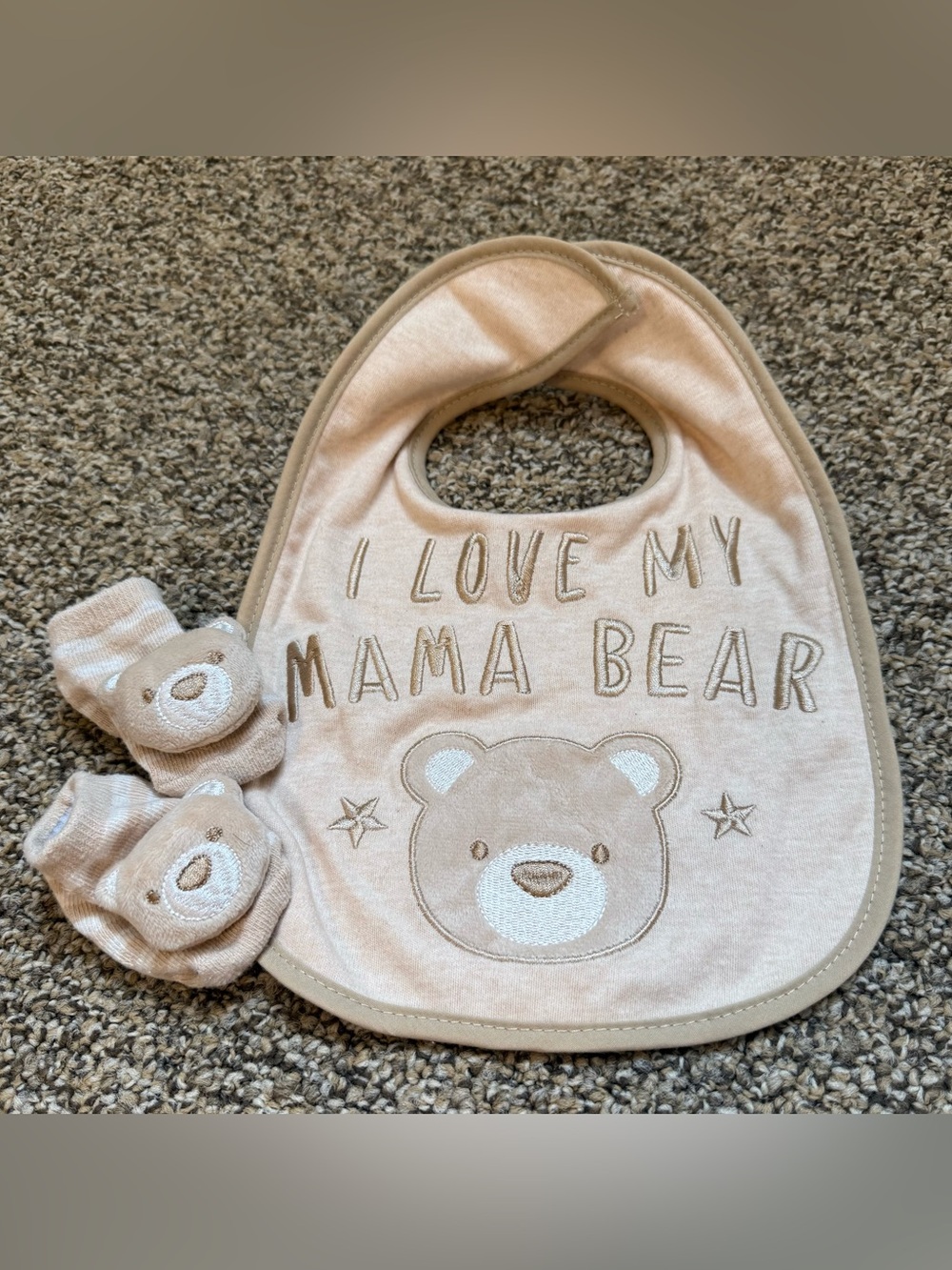 Baby Bib and Booties Set - Beige "I Love My Mama Bear"